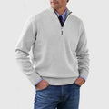 Stylish, versatile, soft, and warm men's cotton turtleneck sweater with zipper closure.